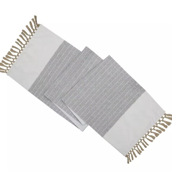 Farmhouse Table Runner 72"L Neutral Gray Woven Runner Fringe Accents 100% Cotton - Picture 1 of 3